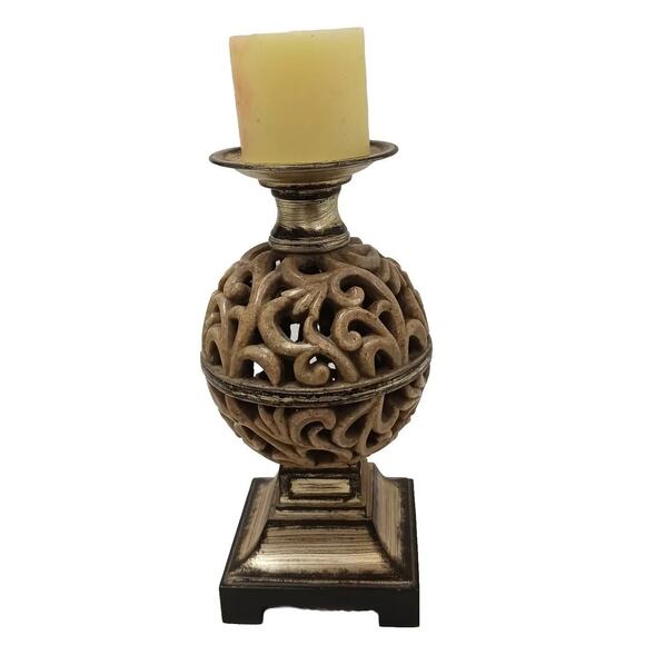 Ornate Candle Holder 12" Art Deco Faux Alabaster Cut Out Globe Morrocan Boho VNT - Picture 1 of 10